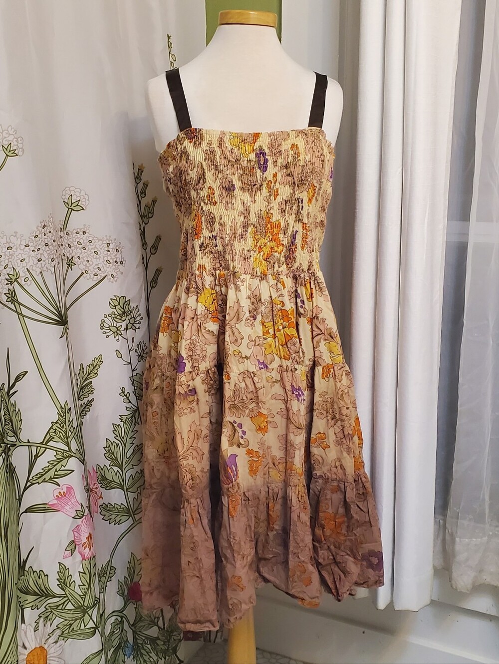 Beige Floral Smocked Sundress with Purple & Yellow Accents 3x